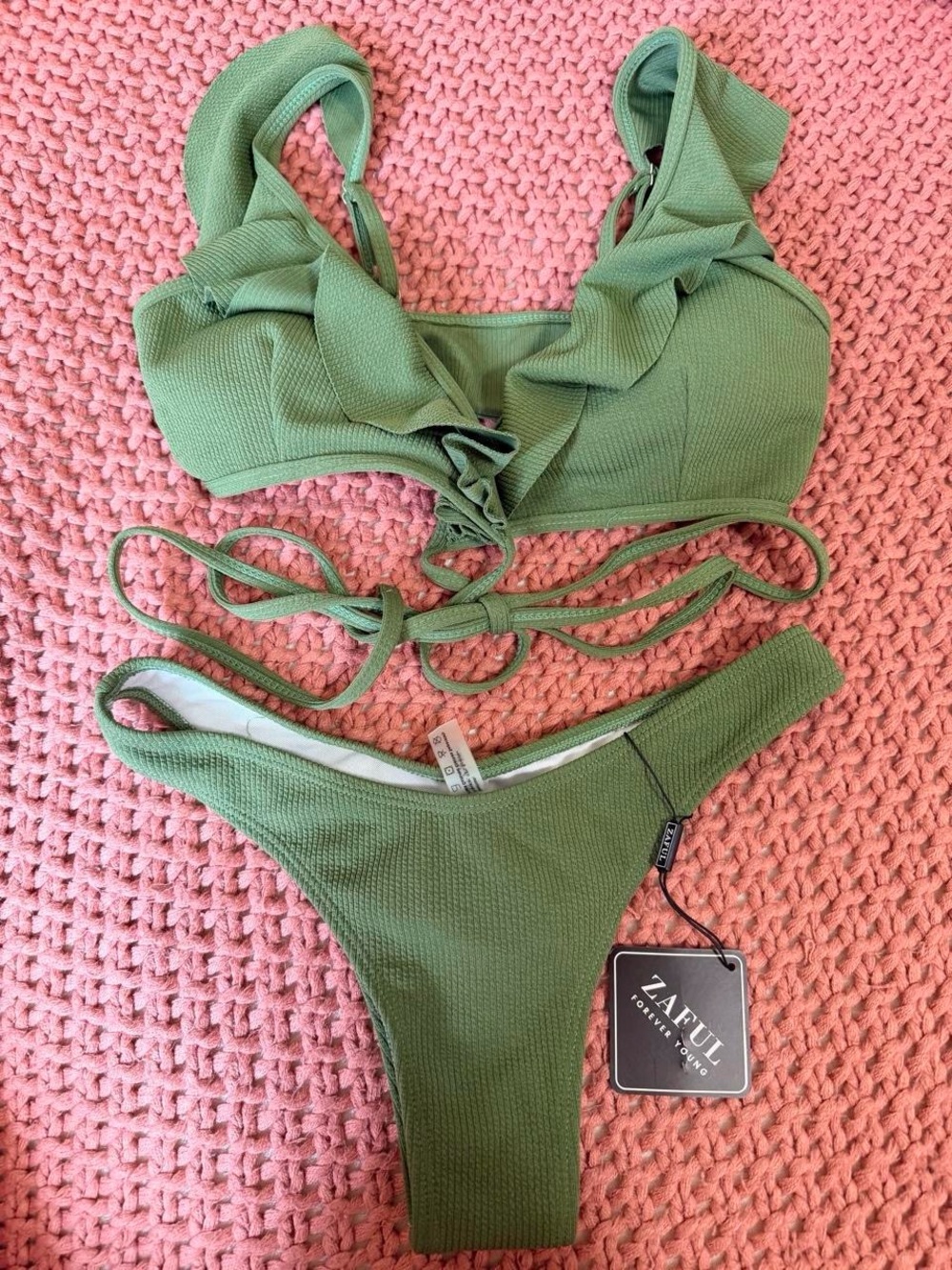 ZAFUL Olive Green Ruffle Lace-Up Bikini Set